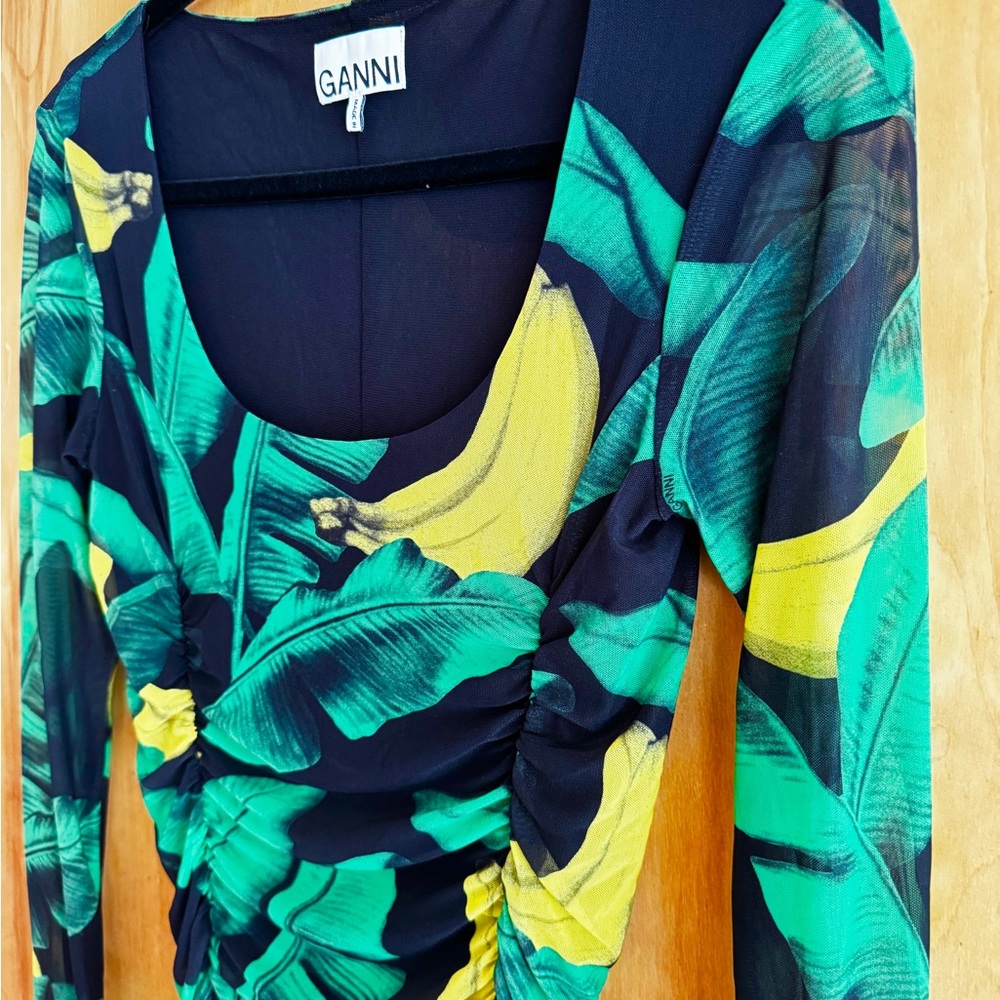 GANNI Banana Print Ruched Midi Dress Stretch Mesh - Size 2